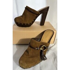 Womens Coach RANA Mules Brown Leather Suede  W/Block Heels Studs & Tassel Sz 8.5